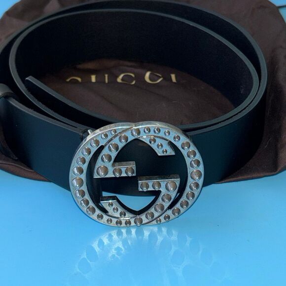 New GUCCI vintage black leather belt w/G studded interlock buckle Ltd Ed Sz 40 - Picture 1 of 8